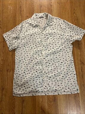 Lanvin White Short-Sleeve Button-Down Shirt with Black Dino Print Sz 16
